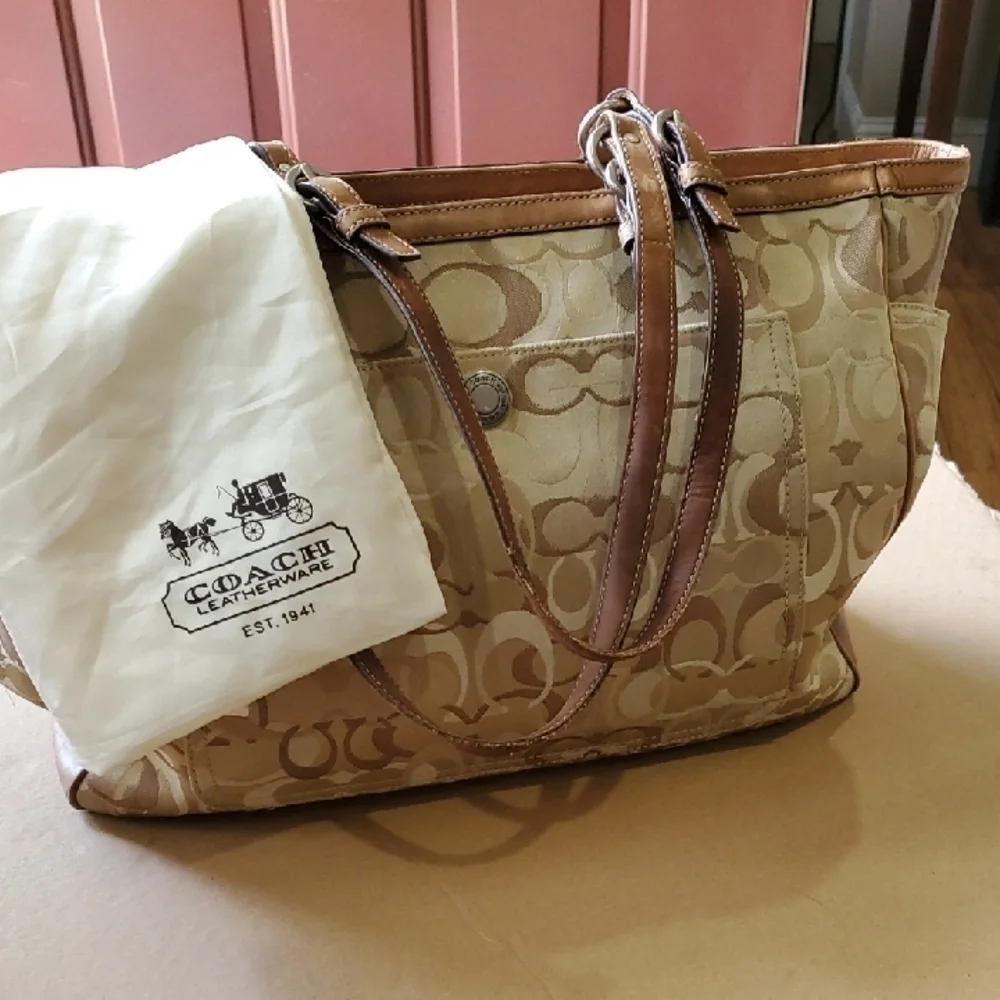 Coach Tan and Brown Diaper Bag 15 X 11.5 Signature Tote With Dust Bag